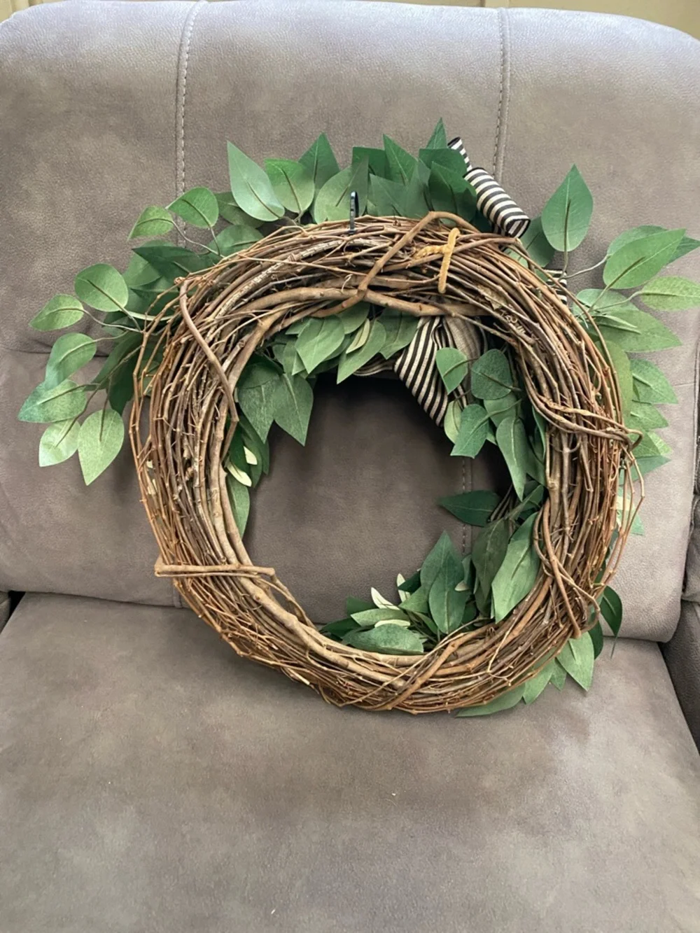 Green Willow Leaf Door Hanging Wreath with Striped Bow - Picture 4 of 5